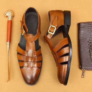Sandales d'été pour hommes à brides croisées en cuir de vachette première couche, à bout ouvert, avec boucle, décontractées, respirantes, doublure en cuir - Product Image 2