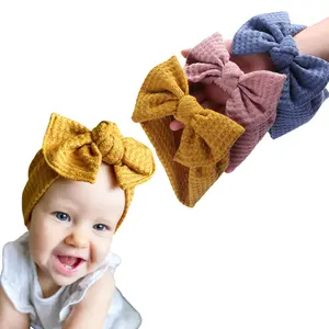 0-3M Neugeborene Stretchy & Soft Neutrals Handgemachte Stricks toff Waffel Baby Photo Head Wrap Flat Bow Stirnband