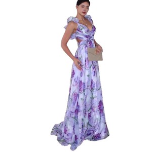 Robe de soirée longue sans manches en mousseline à imprimé floral, col en V, taille empire, avec superposition transparente pour femme - Product Image 5