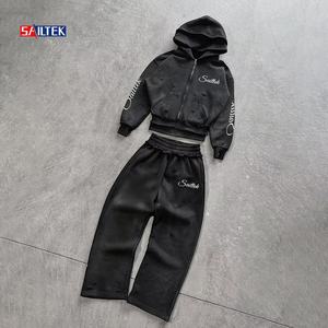 طقم هودي وبنطلون رياضي عالي الجودة بتصميم ممزق للرجال، هودي مزدوج بغطاء للرأس مع طباعة DTG، بدلة رياضية من قطعتين - Product Image 1