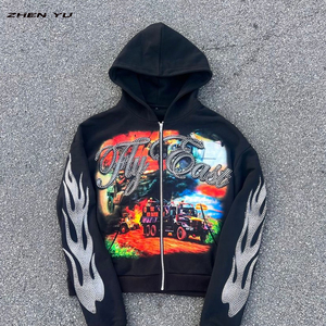 Sudadera con Capucha Personalizada con Logotipo OEM, Estampado DTG, Diseño con Pedrería, Estilo Urbano Vintage, Corte Recortado para Hombre - Product Image 1