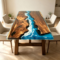 Table de salle à manger artisanale en noyer avec résine époxy effet vague océanique, bord naturel en bois massif, table en résine marine pour villa et restaurant