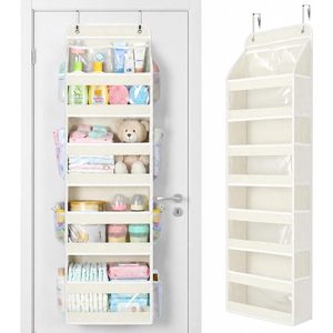 Organisateur suspendu à 5 niveaux pour porte, blanc crème, avec fenêtres transparentes pour couches et articles essentiels pour bébé - Product Image 1