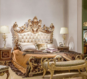 Lit baroque king-size antique classique victorien français Chesterfield capitonné vintage <span class=keywords><strong>en</strong></span> bois sculpté beige marron doré - Product Image 2