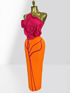 S1232Y 2026 Abito Fasciante Senza Spalline con Motivo Floreale 3D Patchwork <span class=keywords><strong>Arancione</strong></span> e Rosso Rosa, Elegante e Alla Moda per Feste - Product Image 6
