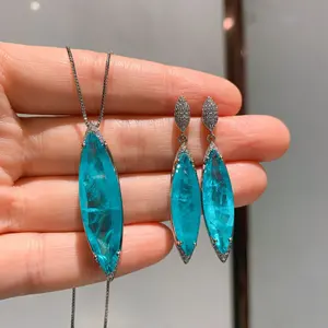 Unique Blue Jewelry Sets Earring Necklace Drop Emerald For Women Girl Wedding Gift Wholesale