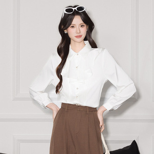 Pink Long Sleeve Shirt Women Ruffled Hem Solid Color Polyester Blouse Everyday Wear Spring Autumn Fashion Top - Product Image 3