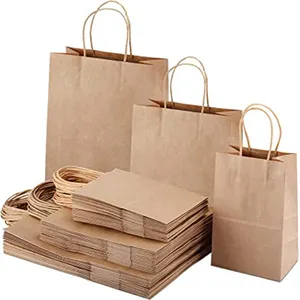 사용자 정의 로고 인쇄 도매 식료품 Whit 갈색 Krafte 종이 선물 가방 핸들 항목 산업 표면 포장