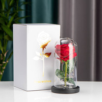 Vente en gros d'usine, fleurs artificielles à LED pour la fête des mères, base en bois noir, rose galaxie dans un dôme en verre