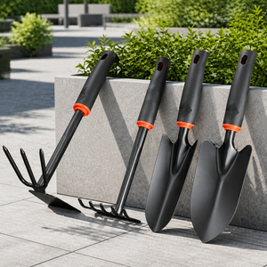 Ensemble d'outils de jardinage professionnels 4 pièces en acier au carbone noir mat, pelle, râteau, houe avec poignée ergonomique antidérapante pour le désherbage et la plantation - Product Image 2