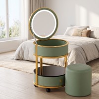 Station de maquillage moderne en acier inoxydable et bois de pin avec miroir LED 3 couleurs, chargeur de téléphone sans fil et roulettes universelles pour chambre à coucher