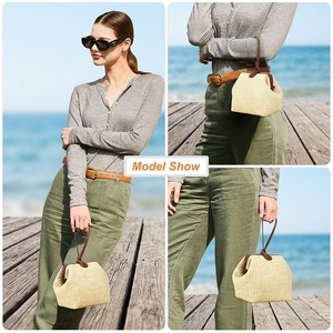 Borsa <span class=keywords><strong>Mini</strong></span> Vintage in Paglia Intrecciata da Donna con Finiture in Pelle, Cinturino da Polso e Chiusura a Cerniera, Borsa a Mano Artigianale Portatile per l'Estate e la Spiaggia - Product Image 5