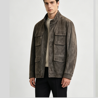 Veste en daim pour homme, manteau en peau de mouton rembourré de duvet, col mandarin, quatre poches à rabat, automne, marron café, patchwork vintage
