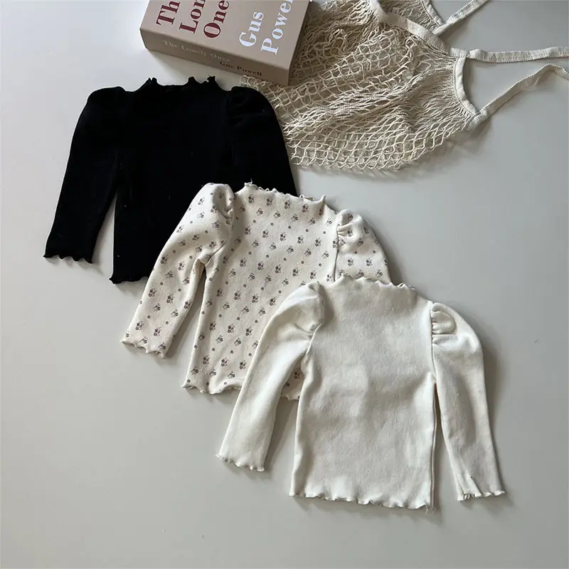 Cotton Baby Long Sleeve Bottoming Shirts Solid Girls Puff Sleeve Floral Tops Autumn Winter New Infant Thick Warm T Shirts