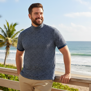 <b>Navy</b> Flowered Printed Plus Size Casual Knitted 100% Cotton Turtleneck T-Shirt - Product Image 2