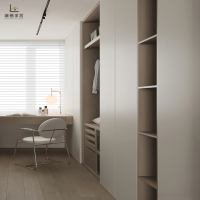 Armoire Crème Minimaliste Moderne avec Étagères Ouvertes Pliables et Extensibles et Unité de Bureau pour Salon, Menuiserie Sur Mesure
