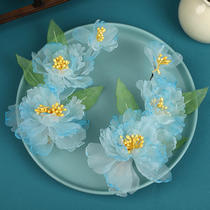 Nuevo tocado Hanfu de estilo chino tradicional, diseño original, hecho a mano, accesorio para el cabello con flores estampadas en caliente en azul degradado. - Product Image 3