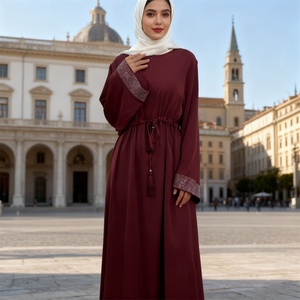 9.9 Latest Dress Loose Shiny Diamonds Sleeves Front Zipper With Hidden Tassel Belt With Pockets Popular Eid Women Dress 6758# - Product Image 5
