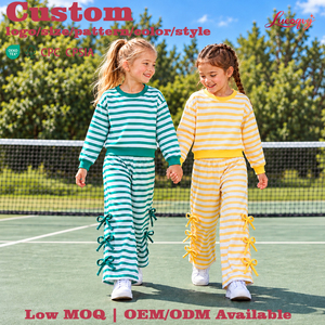 Set Felpa per Ragazze: Pullover a Righe a Maniche Lunghe con Collo Rotondo e <span class=keywords><strong>Pantaloni</strong></span> Larghi con Fiocco Laterale, Completo 2 Pezzi - Product Image 1