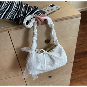 Bolso de hombro con bordado de encaje para mujer, con cordón y lazo, asa fruncida, elegante bolso de mano para uso diario - Product Image 3