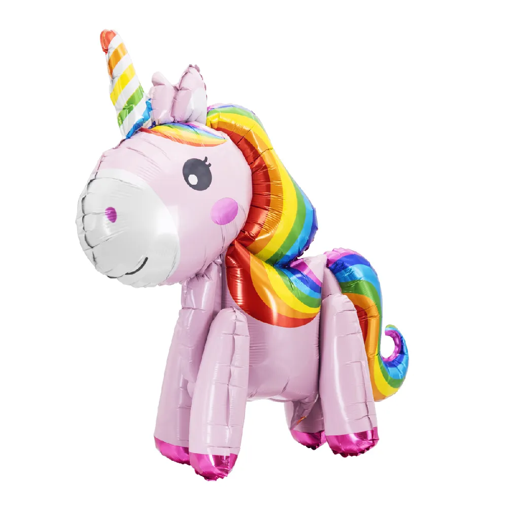 Venta al por mayor 3D Pink Rainbow Unicorn Globos Walking Animal Globos de papel de aluminio para niños Suministros de decoración para fiestas