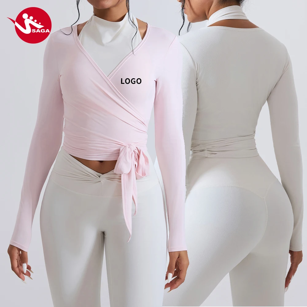 Women's New Lady Ballet Style Long Sleeve Slim Cross Gather Crop V Neck Top Solid Color Running Fitness Shirt for Gym & Workout