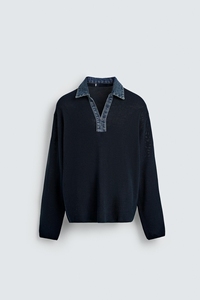 <span class=keywords><strong>Pull</strong></span> en maille mélangée pour homme, col polo en denim <span class=keywords><strong>bleu</strong></span> <span class=keywords><strong>marine</strong></span>, avec col Johnny en véritable denim et patte de boutonnage Henley, coupe <span class=keywords><strong>oversize</strong></span> - Product Image 4