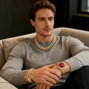 Conjunto de reloj y cadena <span class=keywords><strong>cubana</strong></span> de oro grande de metal estilo hip-hop exagerado para hombre y mujer, ideal para fiestas, reuniones anuales y ocasiones festivas. - Product Image 2