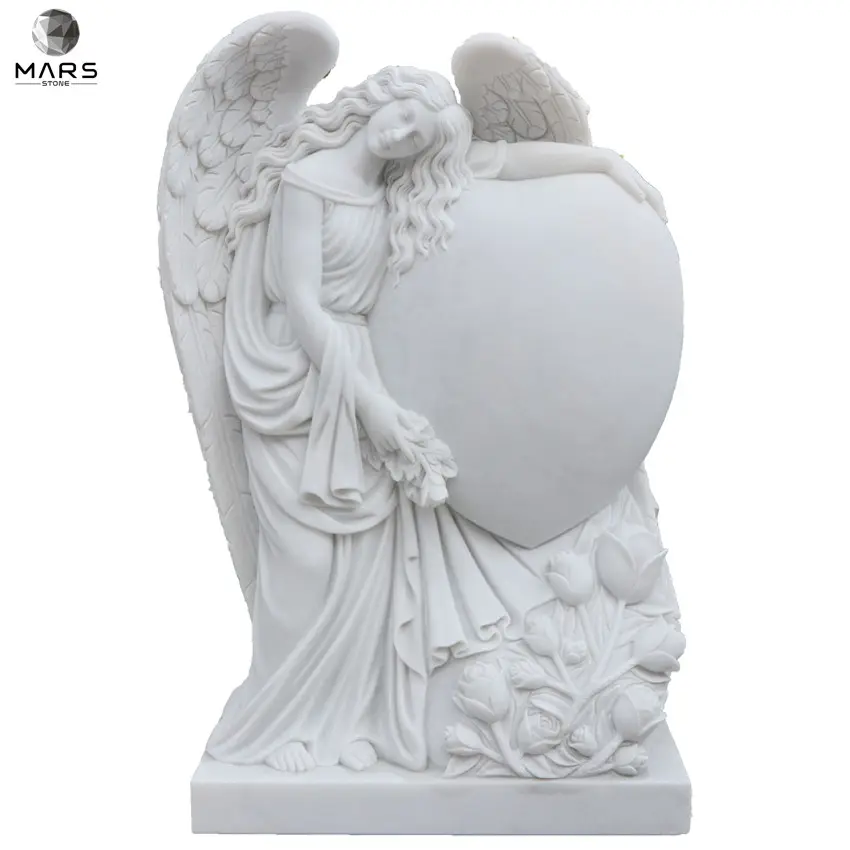 Estatua de mármol blanco con grabado europeo, estatua de Ángel de diseño personalizado, Tombstone