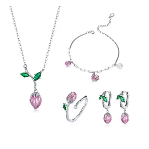 Ensemble de bijoux en argent Sterling 925, boucles d'oreilles, collier, Bracelet, boucles d'oreilles, motif feuilles vertes, rose