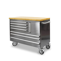 Chariot à outils en acier inoxydable à 7 tiroirs de 48 pouces avec 4 roulettes (2 avec frein) et serrure à clé plate pour usage industriel en atelier