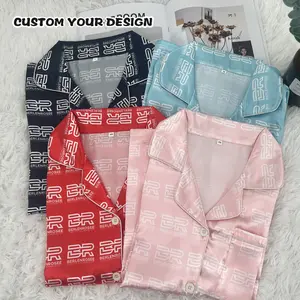 Custom Full Digital Printing Satin Silk Women'S Pajamas Sets, Short Sleeves Ice Silk Nightwear Pyjamas Set For Womens
