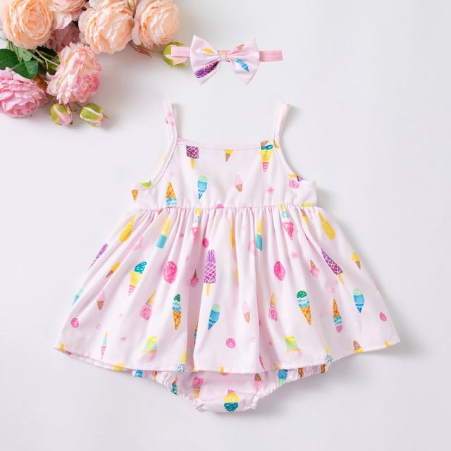 Baby Girl Clothes Set Sleeveless Cami Cool in Hot Summer Ice Print With Headband and Bloomer for Toddler Daily Outdoor Act