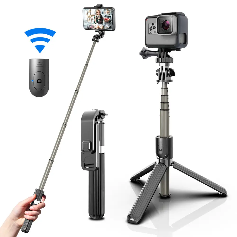HSU-Palo de Selfie inalámbrico 3 en 1, mini trípode plegable, monopié extensible con control remoto para teléfono móvil, IOS y Android