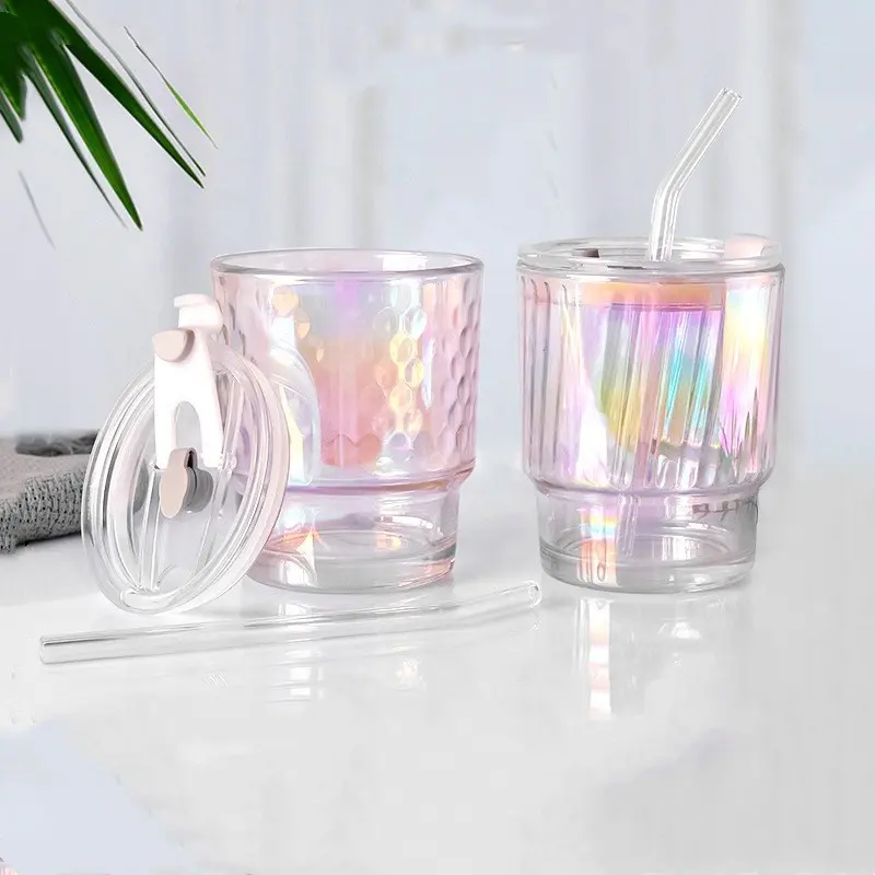 Reusable colorful crystal 400ml glass water bottle tea coffee drink tumbler cup with lids and straws