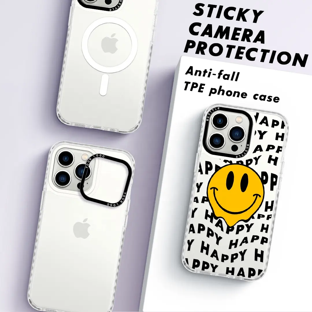 BUSTYLE Custom Brand Logo Sticky Camera Ring Shockproof Phone Case For iPhone 14 SE4 Cute Printing Cover For iPhone 13 Phonecase