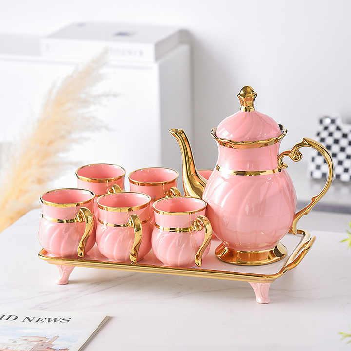 Vintage Ceramic Tea Cup Set with Teapot Gold Porcelain Luxury 8pcs Rim White Pink Green Yellow Customized Logo Europe 6 Set