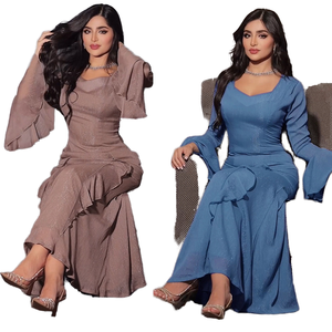 Elegant Long Sleeve Floor Length <b>Abaya</b> Sweetheart Neck Floral Embossed Beaded Hem Straight Lightweight Polyester Women's Adults - Product Image 1