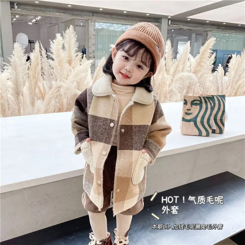 Plaid Winter Children Fall Clothing Girls Long Sleeve Coats Jacket Kids Girl's Plush Warm Jacket