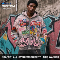 Sweat à capuche zippé surdimensionné en molleton délavé à l'acide, rose et gris, avec broderie multicolore graffiti sur toute la surface, 450 GSM, pour hommes, style Hip Hop