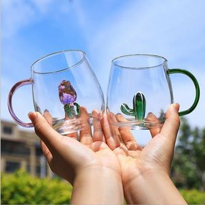 Tasse à petit-déjeuner en verre borosilicate transparent coloré pour jus, café, eau, design 3D de dessin animé, sans poignée, sans couvercle, manuelle - Product Image 1