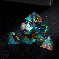 Lot de 7 dés de jeu de rôle D&D personnalisés, faits à la main, irisés turquoise, à bords tranchants, avec chiffres dorés, pour les aventures de D&D - Vente chaude