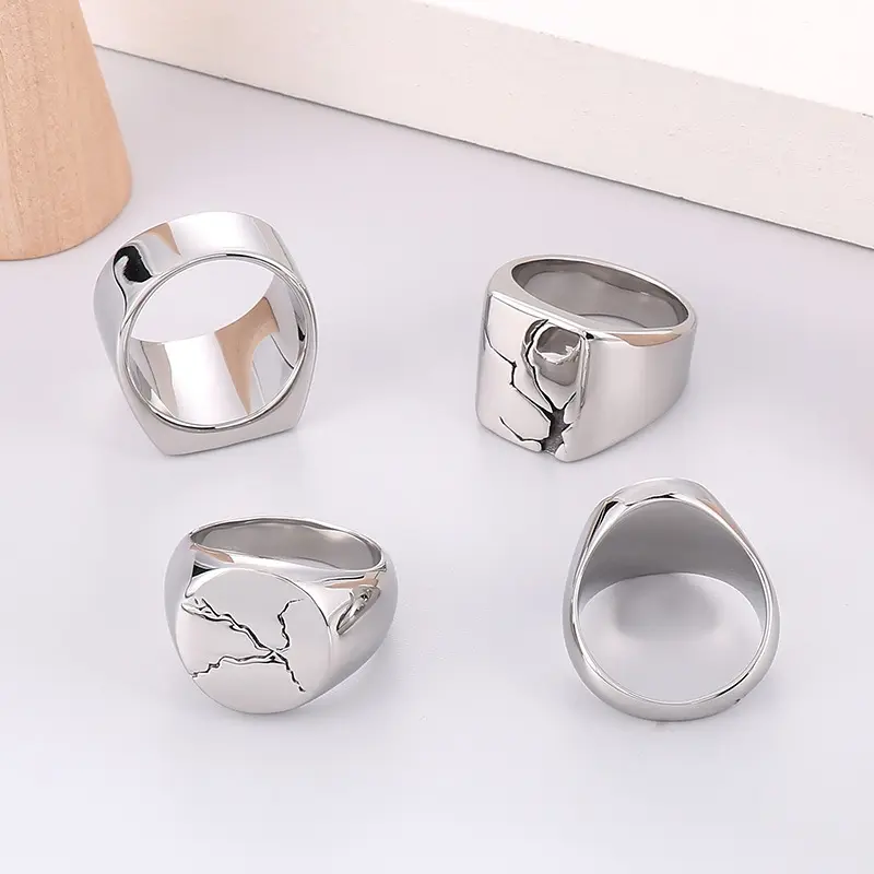 Perhiasan modis cincin Chunky perak trendi baja tahan karat kepribadian jari Oval bulat persegi panjang cincin retak untuk pria