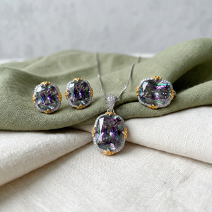9 Vintage 12*16-10*12mm Cushion Cut Zircon Jewelry Set High Quality <b>Copper</b> Gold Plated 3-Piece Certified Wedding Anniversary - Product Image 2