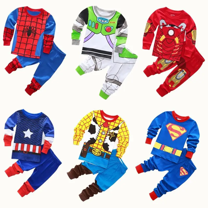Ensemble de pyjama à imprimé de dessin animé pour garçon et fille, 2 pièces, spiderman ironman, chemises à manches longues, pantalon, 100% coton