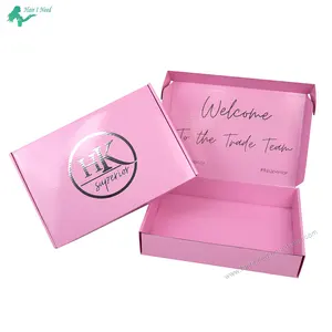 Personalizado Luxo Brilhante Prata Folha De Ouro Logo Mailing Box Rosa Mailer Embalagem De Papelão Ondulado Caixas Para Perucas Extensões De Cabelo