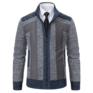 <b>Men's</b> Winter <b>Wool</b> Acrylic Patchwork <b>Cardigan</b> Mandarin Collar Zipper Closure Full Sleeve Thick Knit Jacket - Product Image 1
