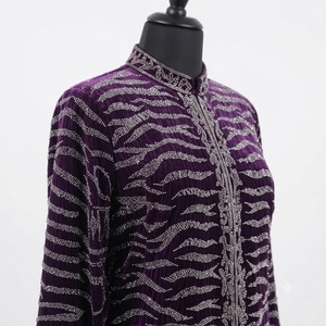 Glamorous Purple Velvet Women's <b>Jacket</b> Showcasing Artistic Zebra Pattern with Shimmering Silver Beads Hand Embellished Finish - Product Image 2