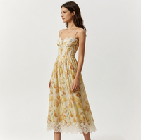 Robe mi-longue jaune à imprimé floral avec dentelle, bretelles spaghetti, corsage corset, coupe trapèze, robe d'été pour femme, style romantique vintage