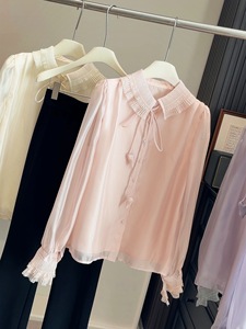 <span class=keywords><strong>Camicetta</strong></span> da donna in stile francese con pizzo sul collo, maniche a bolle in garza a stella, nuova collezione primavera, top a maniche lunghe squisito per la stratificazione interna - Product Image 3